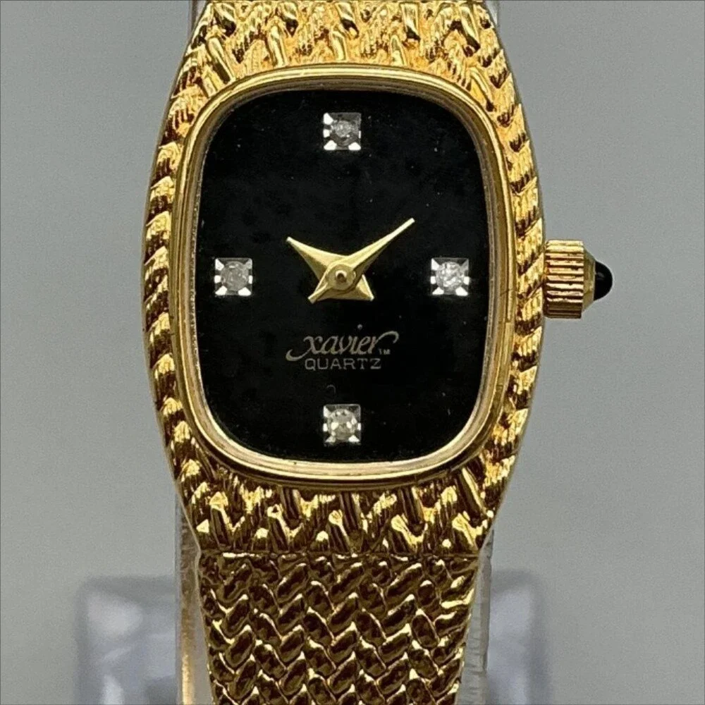 Xavier Womens Watch 18mm Black Dial Gold Tone Bracelet Gemstones New Battery 7